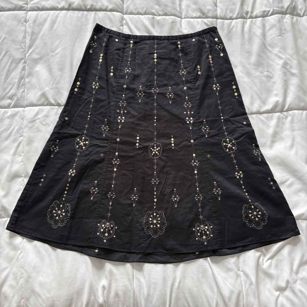 Vintage 90s Midi Skirt Womens 8P Black Boho Hippie Feminine Whimsy Fairy Beaded